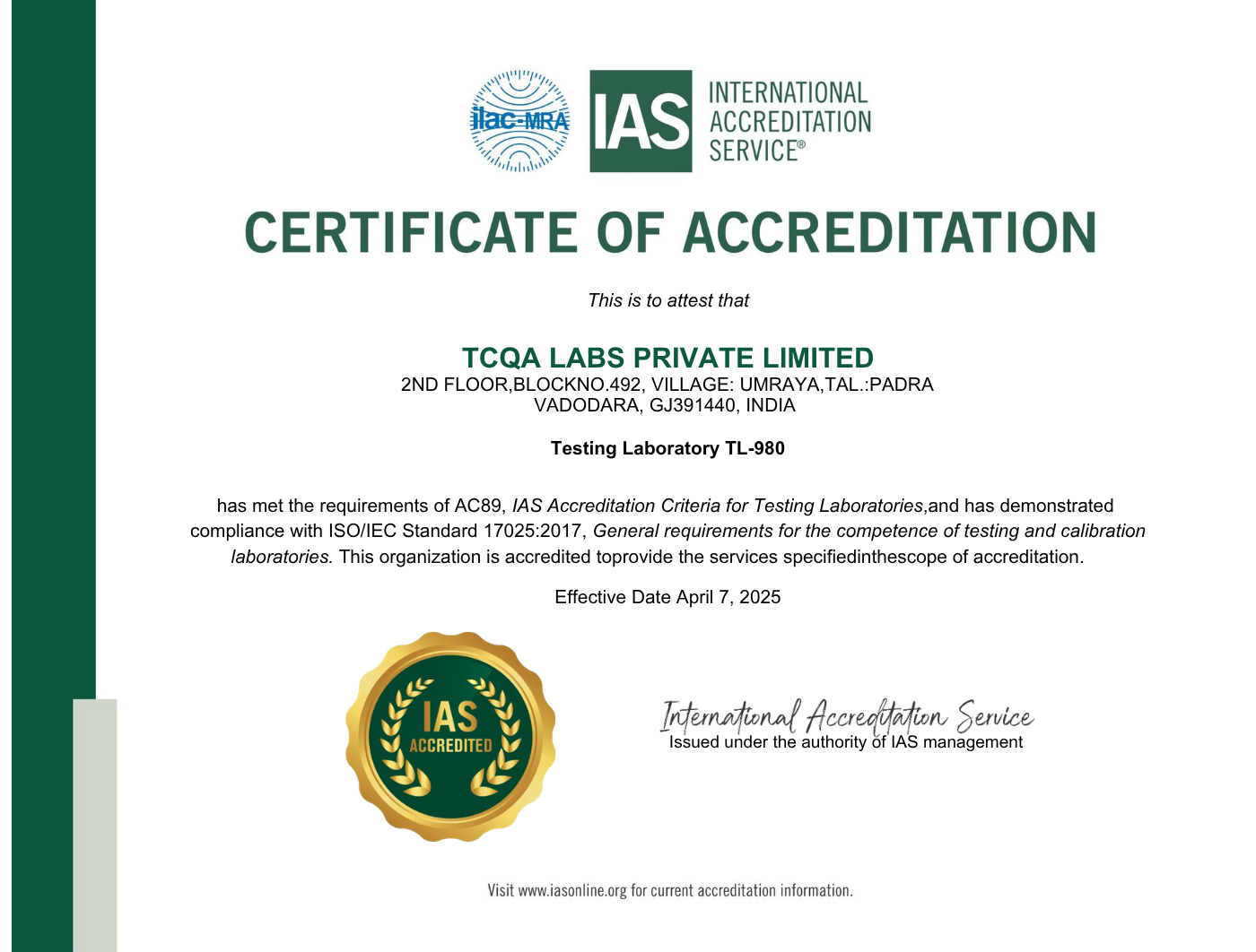 ias calibration certificate