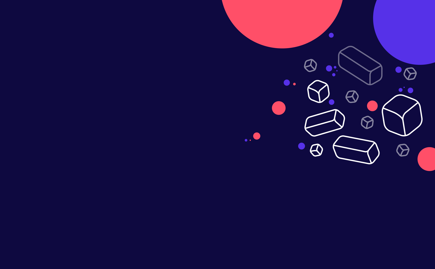 An illustration with various geometric shapes in bright colors on a blue background. The shapes include several different sized circles and squares in shades of red, yellow, blue, and green