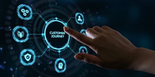 A close-up image of a person's finger pressing a button on a digital screen. The button text says "Customer Journey".