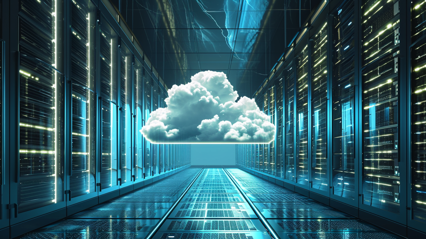 An image, showing a cloud with a lightning bolt in the background inside a server room. The server room is filled with rows of computer servers.