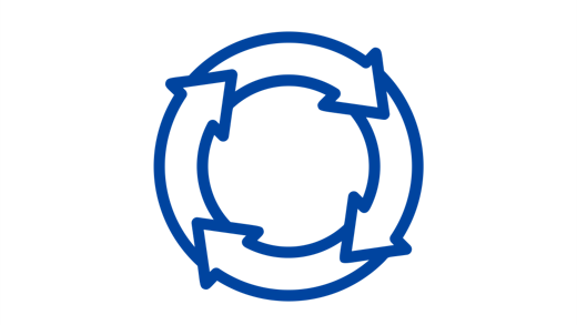 A blue circle icon containing three arrows of equal size pointing clockwise around the circle. The direction of the arrows suggests a cyclical process.